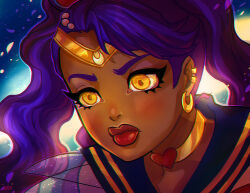 1girl alternate_skin_color bishoujo_senshi_sailor_moon blue_sailor_collar choker cinnabarbie circlet dark-skinned_female dark_skin derivative_work earclip earrings eyelashes hair_ornament heart heart_choker jewelry long_hair meme portrait purple_hair red_lips sailor_collar sailor_moon sailor_moon_redraw_challenge_(meme) signature solo twintails yellow_choker yellow_eyes