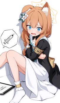 Rule 34 | 1girl, absurdres, animal ear fluff, animal ears, black jacket, blue archive, blue eyes, blue neckerchief, blush, braid, cat ears, cat girl, crossed arms, dress, flower, hair between eyes, hair flower, hair ornament, halo, highres, jacket, long hair, looking at viewer, mari (blue archive), neckerchief, no shoes, open mouth, orange hair, sailor collar, shijima (shijima tc), single braid, socks, solo, syringe, tears, trembling, white dress, white flower, white sailor collar, white socks, yellow halo