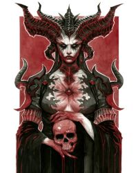 Rule 34 | 1girl, black dress, black lips, blood, blood on clothes, blood on hands, breasts, cleavage, demon girl, demon horns, demon wings, diablo (series), dress, expressionless, fingernails, frown, heterochromia, highres, holding, holding skull, horns, lilith (diablo), looking at viewer, m1stermao, medium breasts, sharp fingernails, skull, solo, wings