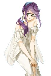 1girl artist_name bare_shoulders black-framed_eyewear blue_flower blue_nails bow braid commentary crown_braid detached_sleeves dress feet_out_of_frame fingernails flower glasses green_eyes hair_bow hair_flower hair_ornament hands_on_lap highres hoshimi_junna invisible_chair layered_dress ling_(chaaaaanhikari) long_hair looking_at_viewer low_side_ponytail nail_polish official_alternate_costume official_alternate_hairstyle own_hands_together parted_lips puffy_detached_sleeves puffy_short_sleeves puffy_sleeves purple_hair short_sleeves shoujo_kageki_revue_starlight side_ponytail sidelocks simple_background sitting smile solo strapless strapless_dress white_background white_bow