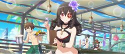 1boy 1other 2girls armpit_crease arue_(konosuba) beach beer_mug bikini black_bikini black_cloak black_hair black_hat blue_sky bracelet breasts brown_hair cleavage clenched_teeth cloak cloud cloudy_sky collarbone cup day drill_hair drill_sidelocks eyepatch floral_print flower food game_cg green_eyes green_swim_trunks hair_between_eyes hair_flower hair_ornament hat highres holding holding_cup holding_quill holding_tray jacket jewelry kono_subarashii_sekai_ni_shukufuku_wo! konosuba!_fantastic_days large_breasts leaning_forward long_hair looking_at_viewer male_swimwear megumin mug multiple_girls navel o-ring o-ring_top official_alternate_costume official_art open_clothes open_jacket palm_tree purple_flower quill red_bikini red_eyes satou_kazuma shade short_hair short_hair_with_long_locks short_sleeves sidelocks sky small_breasts sparkle stomach swim_trunks swimsuit teeth tray tree vanir white_jacket wispy_bangs witch_hat
