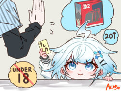 1girl 1other azuma_(azmdraw) blue_eyes blue_hair commentary_request hair_ornament hairpin holding holding_paper hololive hololive_dev_is jacket lightning_ahoge long_hair mizumiya_su nintendo_switch_2 paper smile speech_bubble thought_bubble white_jacket