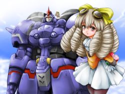1girl bad_id bad_pixiv_id blush bow brown_eyes brown_hair dress drill_hair female_focus goggles goggles_on_head hair_bow hito_noma long_hair maria_balthasar mecha pantyhose robot seibzehn size_difference solo valentine white_dress xeno_(series) xenogears yellow_bow