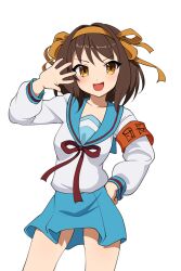 Rule 34 | 1girl, :d, absurdres, ajidot, arm up, armband, blue sailor collar, blue skirt, breasts, brown eyes, brown hair, cowboy shot, hairband, hand on own hip, highres, kita high school uniform, medium hair, miniskirt, open hand, open mouth, orange hairband, red ribbon, ribbon, sailor collar, school uniform, simple background, skirt, smile, solo, suzumiya haruhi, suzumiya haruhi no yuuutsu, white background