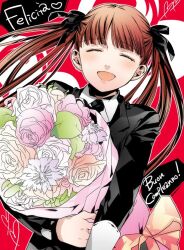 1girl ^_^ arcana_famiglia black_jacket black_ribbon blunt_bangs blush bouquet character_name closed_eyes collared_shirt commentary_request felicita flower hair_ribbon heart holding holding_bouquet jacket open_mouth red_hair ribbon sarachi_yomi shirt smile solo twintails upper_body