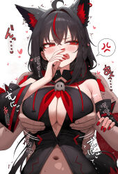 1boy 1girl absurdres ahoge anger_vein animal_ear_fluff animal_ear_piercing animal_ears black_hair black_sleeves black_vest blush braid breasts cleavage clothed_female_nude_male commentary covering_own_mouth crossed_bangs detached_sleeves double-parted_bangs extra_ears fang fox_ears fox_girl fox_tail front_slit grabbing_another&#039;s_breast grabbing_from_behind groping hair_between_eyes hand_up hetero highres hololive hood hooded_vest hoodie kurokami_fubuki large_breasts long_hair low_ponytail motion_lines multicolored_hair nail_polish navel neckerchief nude open_mouth paid_reward_available ponytail red_eyes red_hair red_nails red_neckerchief shiroi_yoru side_braid simple_background single_braid skin_fang spoken_anger_vein streaked_hair tail very_long_hair vest virtual_youtuber white_background wide_sleeves
