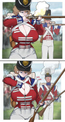 1boy 1girl absurdres blue_eyes blush breasts cleavage coldstream_(marinerx) coldstream_guards freckles gun hat highres marinerx musket shako_cap tagme weapon