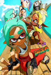 3girls bare_shoulders big_man_(splatoon) big_man_(splatoon_raiders) black_bra black_gloves black_shorts blonde_hair blue_hair bra bra_peek cephalopod_eyes chinese_commentary closed_mouth colored_extremities colored_eyelashes commentary_request copyright_name corrupted_twitter_file cre_sendopedal crop_top crossed_legs dark-skinned_female dark_skin earrings fangs fingerless_gloves freckles frye_(splatoon) frye_(splatoon_raiders) gloves gradient_hair grin hair_bun hair_over_one_eye highres horizontal_pupils inkling inkling_girl inkling_player_character jewelry long_eyelashes long_pointy_ears looking_at_viewer mechanic_(splatoon_raiders) midriff miniskirt multicolored_hair multiple_girls navel nintendo octoling official_alternate_costume one_eye_covered open_mouth orange_eyes pants parted_bangs pointy_ears purple_hair red_eyes red_pants shawl shirt shiver_(splatoon) shiver_(splatoon_raiders) shoes short_hair shorts shorts_under_skirt single_hair_bun sitting skirt smile splatoon_(series) splatoon_raiders tentacle_hair thick_eyebrows underwear white_shirt white_shoes white_skirt yellow_shawl