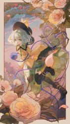 1girl absurdres arch breasts closed_eyes falling_petals floral_arch floral_print flower garden green_hair green_skirt hat heart highres komeiji_koishi long_sleeves looking_at_viewer maccha_(mochancc) petals revision rose shirt skirt sleeves_past_fingers sleeves_past_wrists smile solo standing standing_on_one_leg sun_hat third_eye touhou yellow_shirt