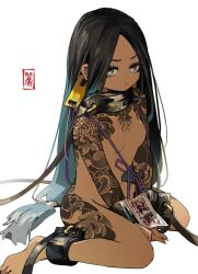 1girl arm_tattoo artist_logo black_hair chain chained chained_legs chained_wrists gradient_hair grey_hair highres leg_tattoo logo long_hair looking_at_viewer multicolored_hair no_nipples oatu_okkay original sitting solo tattoo wariza