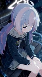 Rule 34 | 1girl, absurdres, ahoge, bench, black neckerchief, blue archive, blue hair, didac fantasy, grey serafuku, grey skirt, hair ornament, halo, highres, long hair, multicolored hair, neckerchief, pink hair, purple eyes, rain, reisa (blue archive), sailor collar, school uniform, serafuku, sitting, skirt, solo, twintails