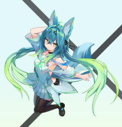 1girl ahoge animal_ear_fluff animal_ears arm_behind_head arm_up bare_shoulders black_choker black_shoes black_thighhighs blue_background blue_dress blue_hair breasts choker closed_mouth collarbone detached_sleeves dress fox_ears fox_girl fox_tail full_body gradient_background gradient_hair green_hair hair_between_eyes hair_ornament hair_ribbon highres long_hair looking_at_viewer low_twintails multicolored_hair pleated_dress pleated_skirt ribbon rindo_(vrchat) shoes short_sleeves skirt sleeveless sleeveless_dress small_breasts smile solo tail thighhighs twintails two-tone_hair very_long_hair vrchat white_dress wide_sleeves yellow_eyes yoshizawa_tsubaki
