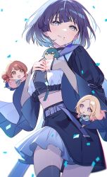 4girls absurdres belt black_jacket black_skirt blue_eyes blue_hair chibi commentary_request confetti cowboy_shot crop_top doll fishnet_sleeves fishnets from_below gakuen_idolmaster hanami_ume hataya_misuzu hechima_(issindotai) highres holding holding_doll idolmaster jacket juo_sena looking_to_the_side midriff multiple_girls open_clothes open_jacket short_hair skirt thighhighs tsukimura_temari white_background zipper