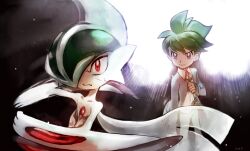 2boys closed_mouth commentary_request gallade gen_4_pokemon green_hair grey_eyes grey_jacket jacket jewelry light_particles long_sleeves male_focus mari_mokomo mega_gallade mega_pokemon mega_stone multiple_boys necklace nintendo open_clothes open_jacket pants pokemon pokemon_(creature) pokemon_oras red_eyes shirt short_hair standing v-shaped_eyebrows wally_(pokemon) white_shirt
