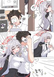 1boy 1girl ^_^ absurdres ahoge black_coat black_necktie blue_archive blush bow breasts brown_pantyhose cellphone center_frills chilong_(heronas) closed_eyes coat computer demon_tail demon_wings doodle_sensei_(blue_archive) drawing_(object) frills grey_hair hair_bow haruna_(blue_archive) heart hetero highres holding holding_phone hug hug_from_behind laptop long_hair looking_at_another medium_breasts miyako_(blue_archive) multi- necktie pantyhose paper_on_head peeking_out peroro_(blue_archive) phone puff_of_air sensei_(blue_archive) shirt single_wing smile sound_effects spoken_expression spoken_squiggle squiggle surprise_hug tail talking_on_phone very_long_hair white_shirt whiteboard wings yellow_bow yuuka_(blue_archive)