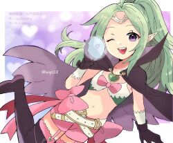 1girl ;d ahoge belt boots breasts brooch cape circlet dragonstone fire_emblem fire_emblem_awakening garter_straps gem gloves glowing_gem green_hair heart heart_background heart_brooch high_ponytail highres holding holding_gem jewelry kiriya_(552260) leg_up long_hair navel nintendo nowi_(fire_emblem) one_eye_closed open_mouth parted_bangs pink_ribbon pink_shorts pointy_ears ponytail purple_boots purple_cape purple_eyes purple_gloves ribbon short_shorts shorts sidelocks small_breasts smile solo thigh_boots twitter_username white_belt