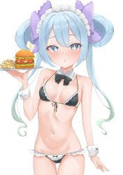1girl bikini black_bikini blue_eyes blue_hair blush bow bowtie breasts cowboy_shot detached_collar food heart highres long_hair looking_at_viewer maid maid_bikini maid_headdress myjourney navel ongeki small_breasts solo stomach suzushima_arisu swimsuit symbol-shaped_pupils thigh_gap tray twintails unconventional_maid white_background wrist_cuffs