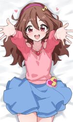 1girl :d bed_sheet blue_skirt brown_hair clothing_cutout collarbone commentary_request dakimakura_(medium) flat_chest fortissimo hair_between_eyes hair_ornament hairband highres incoming_hug kimi_to_idol_precure long_hair long_sleeves looking_at_viewer lying mo_(boo1719501boo) musical_note musical_note_hair_ornament on_back open_mouth outstretched_arms pink_eyes pink_hairband pink_shirt precure reaching reaching_towards_viewer sakura_uta_(precure) shirt shoulder_cutout skirt smile solo teeth upper_teeth_only