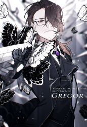 1boy absurdres animal_print beard_stubble black_butterfly black_coat black_suit brooch brown_eyes brown_hair bug butterfly cigarette coat collared_shirt e.g.o_(project_moon) facial_hair formal_clothes glasses gloves gregor_(project_moon) gun highres holding holding_gun holding_weapon insect jewelry limbus_company looking_at_viewer low_ponytail one_eye_covered ponytail project_moon shirt smoking solemn_lament_(e.g.o) solo stubble suit too_many too_many_butterflies weapon white_butterfly white_gloves white_shirt yasuihiruya