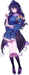 1girl armor blue_dress blue_hair breasts closed_eyes closed_mouth commentary_request dark_blue_hair dress full_body hair_between_eyes hand_up happy hat highres iizunamaru_megumu kinamielise kneehighs knees_together_feet_apart large_variant_set light_blush light_smile long_hair medium_breasts pauldrons petticoat pigeon-toed pom_pom_(clothes) shoulder_armor single_pauldron three-quarter_sleeves socks solo standing tachi-e thighs tokin_hat touhou transparent_background turtleneck variant_set very_long_hair vest waistcoat