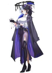 1girl absurdres adjusting_clothes adjusting_gloves alternate_costume black_choker black_coat black_gloves black_hair black_halo black_skirt boots choker closed_mouth coat coat_on_shoulders collared_shirt gloves halo high_heel_boots high_heels highres hololive hololive_english liquid_halo monocle multicolored_hair shiori_novella shirt side_slit simple_background single_thigh_boot skirt solo split-color_hair thigh_boots two-tone_hair virtual_youtuber white_background white_hair white_shirt yellow_eyes yorn_(yor_n)