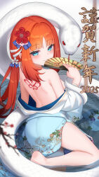 1girl 2025 alternate_costume aqua_eyes aqua_nails ass bare_back bare_shoulders blush breasts chinese_text chinese_zodiac closed_mouth commentary_request convenient_censoring ewaaawa fingernails from_behind genshin_impact hand_fan highres holding holding_fan long_hair looking_at_viewer medium_breasts nail_polish nilou_(genshin_impact) off_shoulder parted_bangs red_hair smile solo translation_request very_long_hair year_of_the_snake