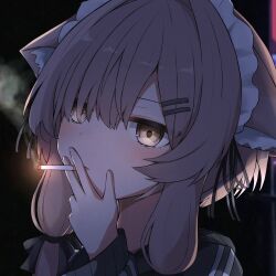 1girl animal_ear_fluff animal_ears between_fingers black_jacket black_ribbon blurry blurry_background blush brown_eyes brown_hair cat_ears cigarette hair_between_eyes hair_intakes hair_ornament hair_over_one_eye hair_ribbon hairclip hand_up highres holding holding_cigarette hood hood_down hooded_jacket jacket long_hair long_sleeves looking_at_viewer mafuyu_(vrchat) maid maid_headdress night outdoors parted_lips portrait retumaru_berry ribbon sidelocks sleeves_past_wrists smoke smoking solo vrchat