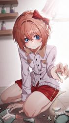 1girl arm_between_legs bags_under_eyes blood blue_eyes bottle bow breast_pocket broken_bottle broken_glass brown_hair closed_mouth collarbone curtains doki_doki_literature_club eyelashes eyes_visible_through_hair fingernails glass glass_shard glass_shards glint hair_between_eyes hair_bow highres holding holding_glass_shard indoors injury light_particles light_rays long_eyelashes onyang pocket red_bow sayori_(doki_doki_literature_club) short_shorts shorts solo twitter_username window wooden_floor