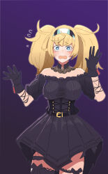 Rule 34 | 1girl, absurdres, ani (xai), ani (xai) (cosplay), anotsugini kuruji, black choker, black corset, black dress, black gloves, blonde hair, blue eyes, choker, corset, cosplay, cowboy shot, dress, flying sweatdrops, gambier bay (kancolle), gloves, goth fashion, gradient background, hairband, highres, kantai collection, lace, lace-trimmed choker, lace choker, lace trim, long hair, look-alike, multicolored hairband, off-shoulder dress, off shoulder, open mouth, purple background, solo, twintails, twitter, wavy mouth