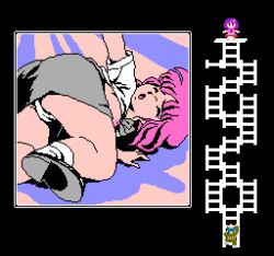 Rule 34 | 1boy, 2girls, ass, black background, black footwear, blue footwear, blue hair, blush, bow, bowtie, breasts, climbing ladder, clothes lift, closed eyes, fallen down, flower, from behind, green pants, green shirt, grey neckwear, grey skirt, hair flower, hair ornament, jacket, ladder, long sleeves, lowres, medium breasts, mimi (sailor fuku bishoujo zukan), multiple girls, nipples, open mouth, panties, pants, pantyshot, pink background, pink hair, pink jacket, pixel art, purple background, purple hair, purple shirt, red skirt, sailor fuku bishoujo zukan, sailor fuku bishoujo zukan vol. 4, school uniform, shirt, shirt lift, shoes, short hair, short sleeves, skirt, sleeveless, sleeveless jacket, socks, two-tone background, underwear, white legwear, white panties, white shirt