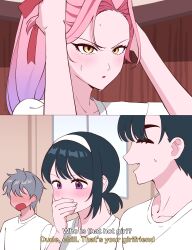 2boys 2girls alien_stage black_hair blush closed_eyes commentary covering_own_mouth english_text grey_hair hairband hand_over_own_mouth hashtag-only_commentary highres ivan_(alien_stage) kawaii_dake_ja_nai_shikimori-san low_ponytail meme mizi_(alien_stage) multiple_boys multiple_girls nostresstuna open_mouth pink_hair ponytail purple_eyes shirt short_hair smile sua_(alien_stage) subtitled sweat that&#039;s_your_girlfriend_(meme) till_(alien_stage) white_hairband white_shirt yellow_eyes yuri