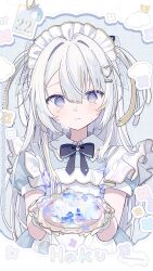 1girl @_@ apron black_bow black_bowtie black_ribbon blonde_hair blue_background blue_dress blue_eyes bow bowtie cake censored censored_food cloud collared_dress cream cream_on_face diamond_hair_ornament double-parted_bangs dress flower food food_on_face frilled_apron frilled_headwear frilled_straps frills frown fruit furrowed_brow grid_background hair_between_eyes hair_intakes hair_ornament hair_ribbon haku_(kumorimuu) heart heart_hair_ornament holding holding_food holding_plate holographic_clothing iridescent kumorimuu long_hair looking_at_viewer maid maid_apron maid_headdress multicolored_eyes multicolored_hair original pink_eyes plate puffy_short_sleeves puffy_sleeves ribbon sad short_sleeves solo streaked_hair tearing_up twitter_username two-tone_eyes two-tone_hair two_side_up upper_body very_long_hair white_apron white_dress white_hair white_headdress white_wrist_cuffs wrist_cuffs