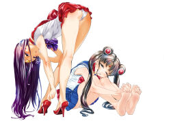 2girls absurdres akebi-chan_no_serafuku akebi_komichi barefoot bent_over between_toes black_hair commentary_request cosplay crossover fingers_between_toes grin high_heels highres jewelry kitagawa_marin leotard leotard_peek long_hair looking_at_viewer multiple_girls one_eye_closed pp_bj sailor_mars sailor_mars_(cosplay) sailor_moon sailor_moon_(cosplay) simple_background smile sono_bisque_doll_wa_koi_wo_suru twintails underwear upskirt very_long_hair
