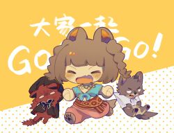 1girl :d =_= animal animal_ears animalization aqua_shirt blush braid brown_hair cat ceren_(fata_morgana_no_yakata) chinese_commentary clothed_animal commentary_request fang fata_morgana_no_yakata furrification furry harem_pants jacopo_bearzatti jewelry morgana_(fata_morgana_no_yakata) necklace open_mouth pants pink_pants shirt skin_fang smile solo tail twin_braids v-shaped_eyebrows wolf wolf_ears wolf_girl yuer6350