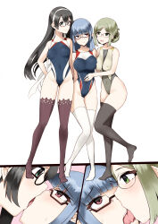 Rule 34 | black hair, black one-piece swimsuit, black thighhighs, blue eyes, blue hair, breasts, commentary request, commission, competition swimsuit, covered navel, female admiral (kancolle), folded ponytail, french kiss, green eyes, highres, inset, kantai collection, katori (kancolle), kiss, light brown hair, long hair, medium breasts, minase (takaoka nanase), multicolored swimsuit, one-piece swimsuit, ooyodo (kancolle), parted bangs, red-framed eyewear, red eyes, semi-rimless eyewear, skeb commission, small breasts, standing, swimsuit, thighhighs, white thighhighs, yuri