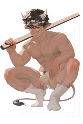 1boy abs animal_ears arknights bara blush bulge closed_mouth commentary cow_boy cow_ears cow_horns cow_tail highres holding holding_stick horns looking_at_viewer male_focus male_underwear mjj_mianbao muscular muscular_male navel nipples pectorals socks squatting stick symbol-only_commentary tail topless_male underwear unfinished visor_cap wan_qing_(arknights) white_male_underwear white_socks