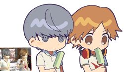 Rule 34 | 2boys, alternate costume, brown hair, eating, food, food in mouth, game screenshot inset, grey hair, hanamura yousuke, headphones, headphones around neck, holding, holding food, holding popsicle, multiple boys, narukami yu, nt 26, official alternate costume, persona, persona 4, popsicle, popsicle in mouth