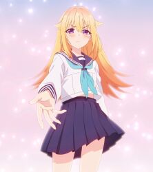 1girl absurdres anime_screenshot blonde_hair blue_skirt blush closed_mouth dot_nose female_focus hair_between_eyes highres koshi_torako legs long_hair long_sleeves looking_at_viewer miniskirt pleated_skirt purple_hair school_uniform serafuku shikanoko_nokonoko_koshitantan skirt solo solo_focus thighs white_serafuku