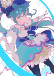 Rule 34 | 1girl, absurdres, apron, aqua eyes, aqua hair, back bow, black pantyhose, blue bow, blue brooch, blue choker, blue corset, blue neckerchief, blue skirt, bow, bow apron, brooch, buttons, choker, closed mouth, clothing cutout, corset, cowboy shot, cure spicy, delicious party precure, elbow gloves, eyelashes, floating clothes, floating hair, food-themed clothes, frilled choker, frilled gloves, frilled skirt, frilled sleeves, frills, fuwa kokone, gloves, hair bow, hair ornament, heart, heart brooch, highres, jewelry, large bow, layered skirt, long hair, looking ahead, loose hair strand, magic, magical girl, multicolored hair, neckerchief, outstretched arms, pantyhose, pink bow, pink hair, pleated skirt, precure, puffy short sleeves, puffy sleeves, shipu (gassyumaron), shirt, short sleeves, shoulder cutout, side ponytail, skirt, smile, solo, standing, streaked hair, train (clothing), tsurime, two-tone hair, very long hair, waist apron, watch, wavy hair, white apron, white background, white gloves, white shirt, wristwatch, yellow skirt