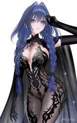 1girl 707arisu alternate_costume artist_name black_dress black_gloves blue_eyes blue_hair braid breasts chronopattern_dress cleavage closed_mouth commentary_request dress elbow_gloves gloves hair_between_eyes hand_up highres hololive hololive_english large_breasts long_hair ouro_kronii simple_background solo twin_braids very_long_hair white_background