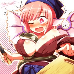 1girl animal_ears bad_id bad_pixiv_id between_breasts bird_wings blush breasts cutting_board eel female_focus halftone halftone_background hat highres japanese_clothes kimono kisaragi_zwei knife large_breasts md5_mismatch mystia_lorelei obi off_shoulder okamisty one_eye_closed pink_eyes pink_hair sash sexually_suggestive slime_(substance) solo sweat team_shanghai_alice touhou translation_request wavy_mouth wings