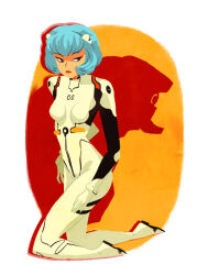 1girl ayanami_rei blue_hair bodysuit border breasts commentary english_commentary eva_00 full_body interface_headset_(evangelion) looking_to_the_side mecha_pilot_suit neon_genesis_evangelion outside_border pikipouet plugsuit_(evangelion) short_hair silhouette solo white_bodysuit white_border