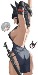 Rule 34 | 1boy, 1girl, akihitoevon, animal ears, arms up, aroused nosebleed, ass, backless dress, backless outfit, black dress, black hair, blood, blunt bangs, braid, breasts, commentary, dress, english commentary, fox ears, fox girl, from behind, highres, hoshimi miyabi, katana, large breasts, long hair, looking at viewer, looking back, nosebleed, red eyes, scabbard, sheath, short dress, sideboob, simple background, sleeveless, sleeveless dress, sword, tailless (zenless zone zero), weapon, wise (zenless zone zero), zenless zone zero