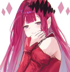 Rule 34 | 1girl, absurdres, baobhan sith (fate), baobhan sith (first ascension) (fate), bare shoulders, black eyes, closed mouth, detached sleeves, expressionless, fate/grand order, fate (series), from side, hair ornament, hand up, highres, juliet sleeves, long hair, long sleeves, looking at viewer, looking to the side, pink hair, pointy ears, puffy sleeves, sidelocks, slit pupils, solo, upper body, white background, zapik