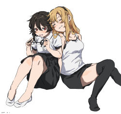 2girls absurdres black_eyes black_hair black_socks blonde_hair blush closed_eyes glasses highres holding holding_removed_eyewear koishikawa_iko momijiyama_teru multiple_girls school_uniform semi-rimless_eyewear shy_(series) socks takatisakana unworn_eyewear unworn_footwear yuri
