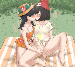 1futa 1girl absurdres azumanishiki bar_censor bare_legs barefoot beanie black_hair blush bob_cut bottomless braid brown_hat camisole censored clothed_sex commentary_request creatures_(company) day dual_persona erection fingering flower futa_with_female futanari game_freak grasslands grey_eyes handjob hat hat_flower hawaiian_shirt highres kiss knee_up looking_at_another low_twin_braids medium_hair moaning nintendo nose_blush on_floor orange_camisole outdoors penis picnic_blanket pokemon pokemon_usum profile public_indecency red_flower red_hat selene_(pokemon) selfcest shirt short_hair short_sleeves sitting sound_effects spaghetti_strap spread_legs t-shirt tied_shirt twin_braids twitching yellow_shirt
