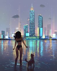 Rule 34 | 1girl, 1other, aircraft, bikini, blurry, brown hair, building, city lights, contrapposto, depth of field, dirigible, dog, from behind, highres, light particles, medium hair, night, nude, original, reflection, reflective water, sam yang, skyscraper, swimsuit, toned, toned female, wading