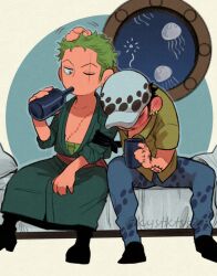 2boys bed blue_pants collarbone drinking drunk earrings green_hair hand_on_another&#039;s_head hat jellyfish jewelry kiyoshita long_sideburns male_focus multiple_boys one_eye_closed one_piece pants roronoa_zoro scar scar_across_eye scar_on_face sideburns sitting stitched_torso stitches trafalgar_law white_hat