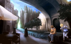 1boy 1girl bad_id bad_pixiv_id blonde_hair bridge brown_hair city cloud coz_(commit) day landscape outdoors panorama river scenery sky tree umbrella urban water