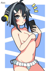 Rule 34 | 1girl, absurdres, ahoge, arknights, artist name, bikini, bikini bottom only, bikini skirt, black hair, blue background, blue eyes, blush, breasts, bright pupils, cellphone, commentary, covering breasts, covering privates, cowboy shot, hair bun, hair ornament, hairclip, hendra, highres, holding, holding phone, la pluma (arknights), la pluma (summer flowers) (arknights), looking at viewer, medium breasts, mirror selfie, navel, notice lines, official alternate costume, open mouth, phone, selfie, short hair, signature, smartphone, solo, swimsuit, topless female, white bikini, white pupils